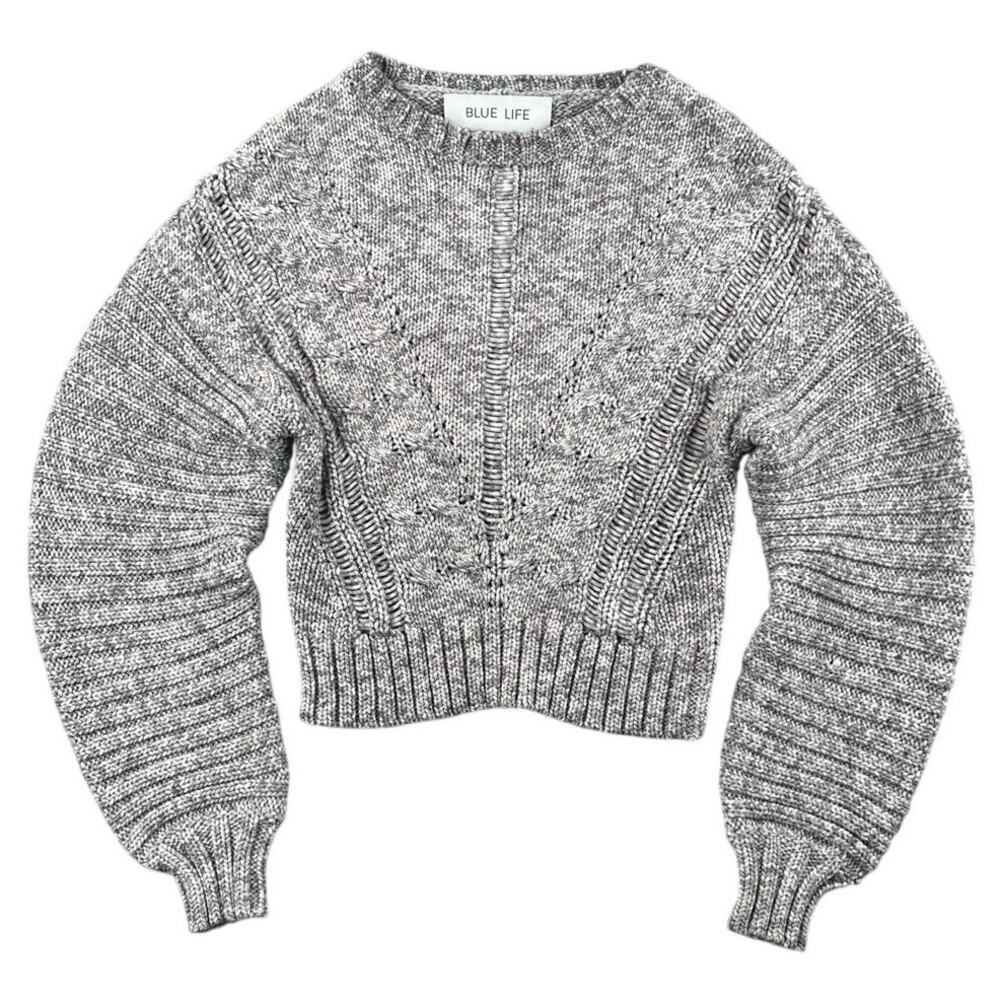 Blue Life Cropped Chunky Knit Sweater Gray Textured Balloon Sleeve Boho - S